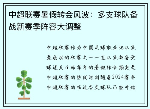 中超联赛暑假转会风波：多支球队备战新赛季阵容大调整