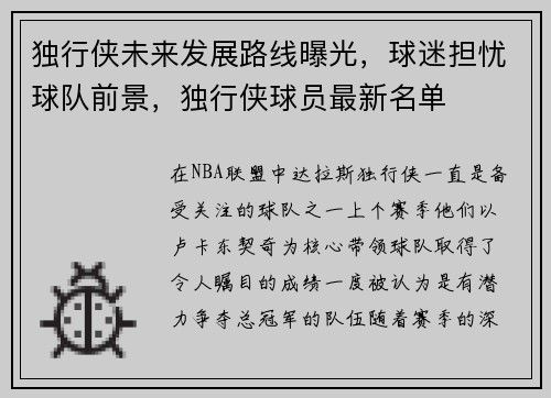 独行侠未来发展路线曝光，球迷担忧球队前景，独行侠球员最新名单