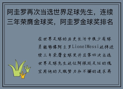 阿圭罗再次当选世界足球先生，连续三年荣膺金球奖，阿圭罗金球奖排名